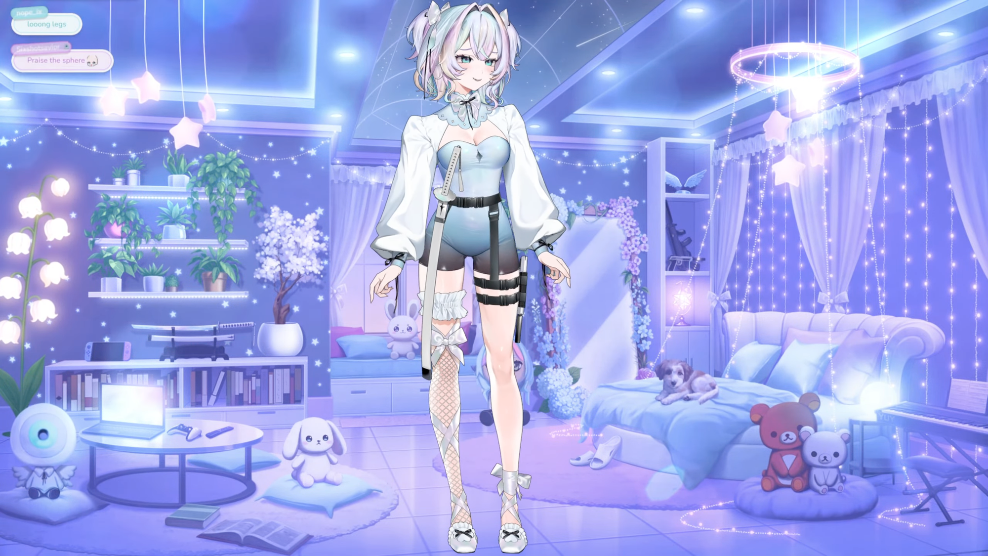 YUY standing on the middle. Her background shows a bright bedroom with lots of lights, multiple plushies, and her dog on the bed.