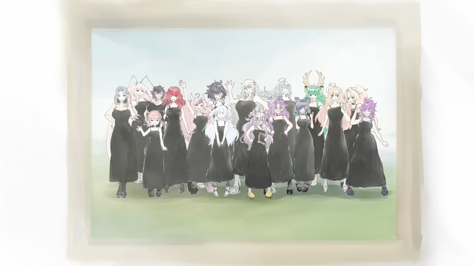 A drawing showing a picture with a wooden border. All VShojo talents (as of the start of the year) dressed in a black dress, standing on a flat grass ground.