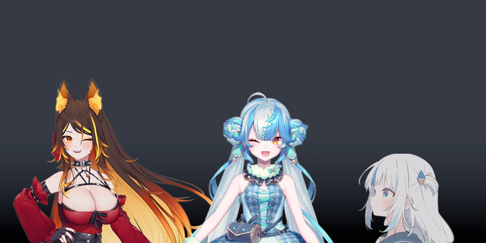 Headshots of Sinder, Twisty Amanozako, and Gawr Gura.