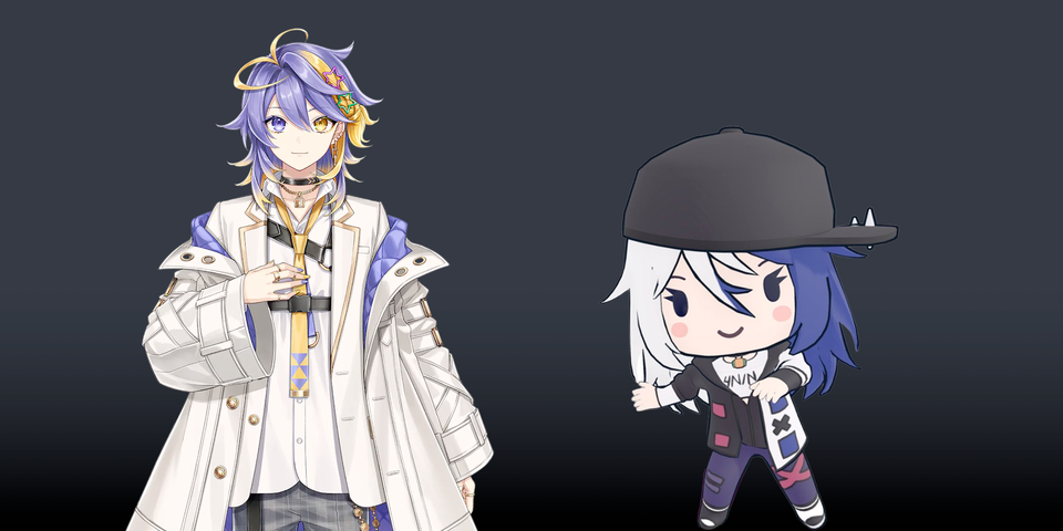 On the left a picture of Aster Arcedia's model (ex-NIJISANJI EN). On the right and a chibi model of Panini (ex-VShojo staff) by SeafoamBoy.