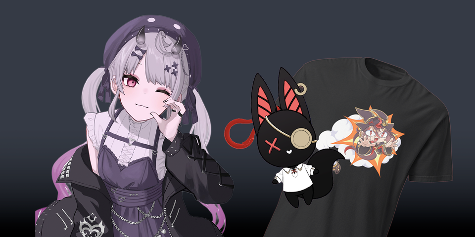 On the left a picture of Reimu Endou in her 5th costume. On the right, Kuro Kurenai's keychain-plush and t-shirt from his 2025 birthday celebration merch.