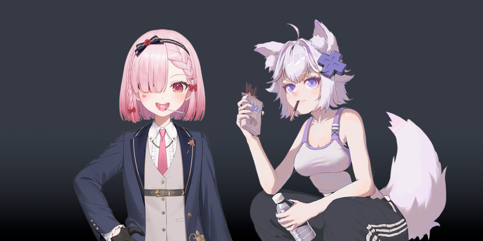 On the left, Rosemi Lovelock in her spy-inspired costume. On the right, Filian squatting while wearing Adidas-like training pants.