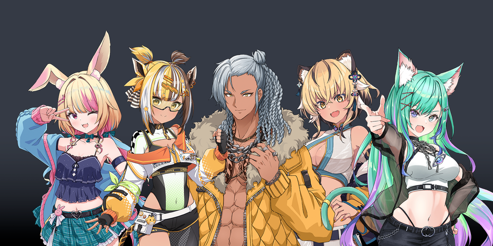 Keyart of Rhubarb N. Kustard, Kiri Kilovolt, Vance Van Creed, Taring Hu, and Reina Ronronea.
