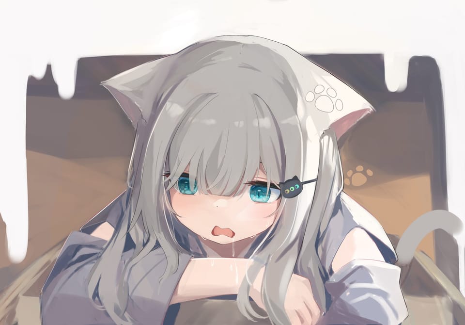 An illustration of the cat-VTuber Nachoneko, a girl with gray hair and cat ears, looking tired and sweating, inside a cardboard box.