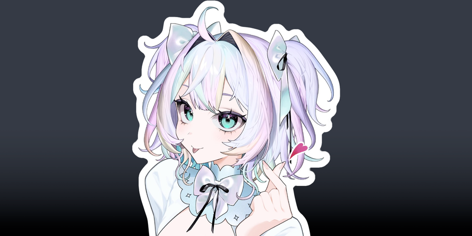 A cutout of Yuy looking at the viewer, tongue slightly out, fingers on her left hand crossed to make a heart.