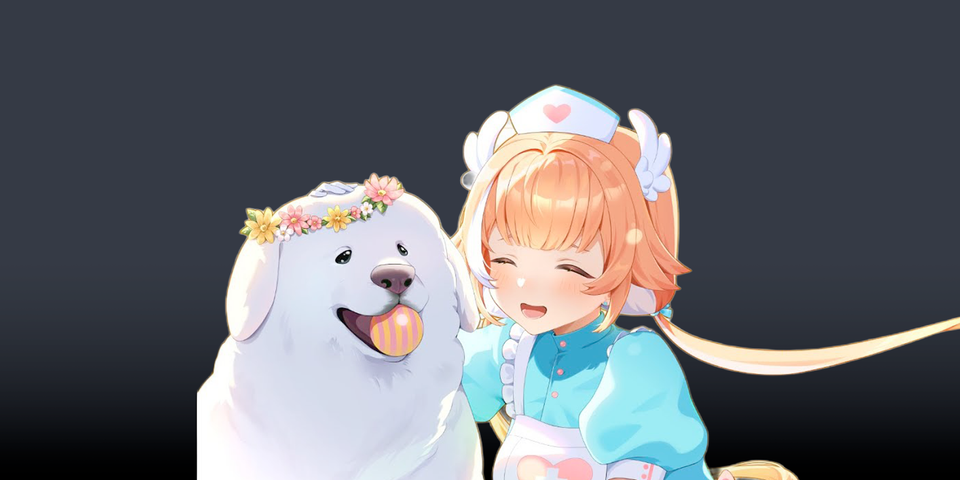 A drawing of PillowDear (right) next to a large white dog (left) who has a ball in their mouth and a crown of flowers.